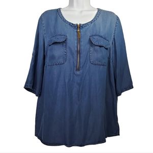 ANNE KLEIN Quarter Zip Blue Tencel Chambray Roll Tab Sleeve Popover Top Sz L